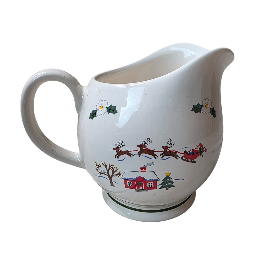 Pfaltzgraff Christmas Heritage Pitcher Santa Sleigh Reindeer USA Stoneware W1